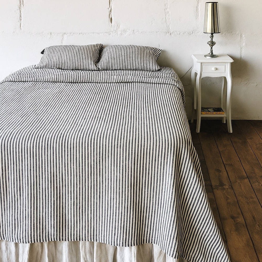 Classic Gray and White Striped King Size European Linen Sheet Set, Organic